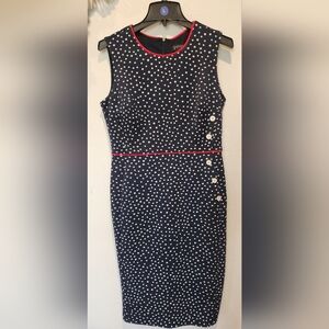 Enfocus Studio Navy Dress with White Dots and Red Trim